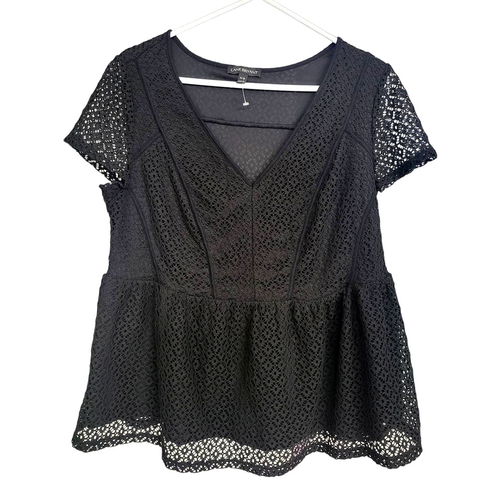 Lane Bryant Black Short Sleeve V Neck Eyelet Shirt - 14/16 - NWOT
